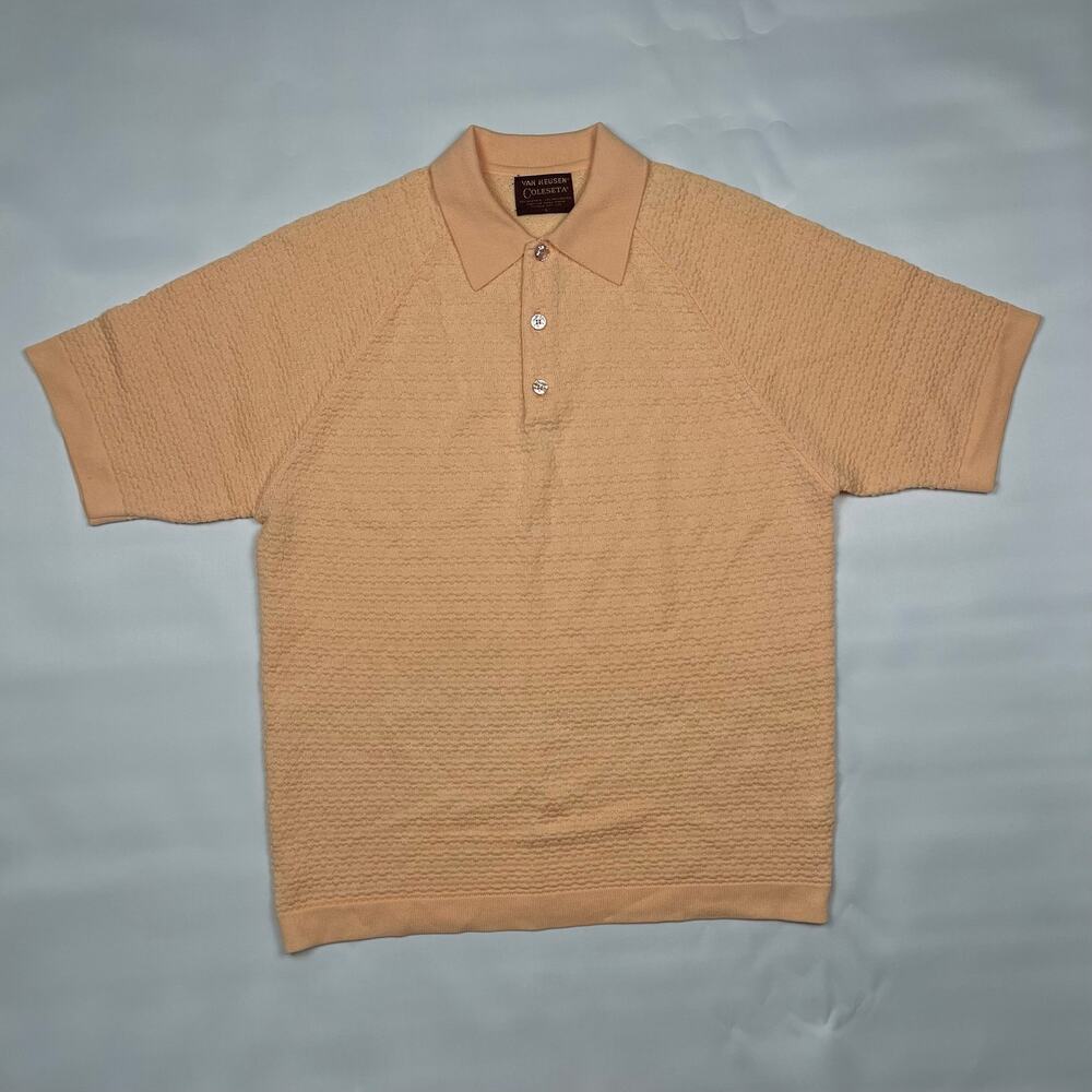 Vintage 60s Van Heusen Coleseta Knit Polo Mens Large Peach Orange Rockabilly